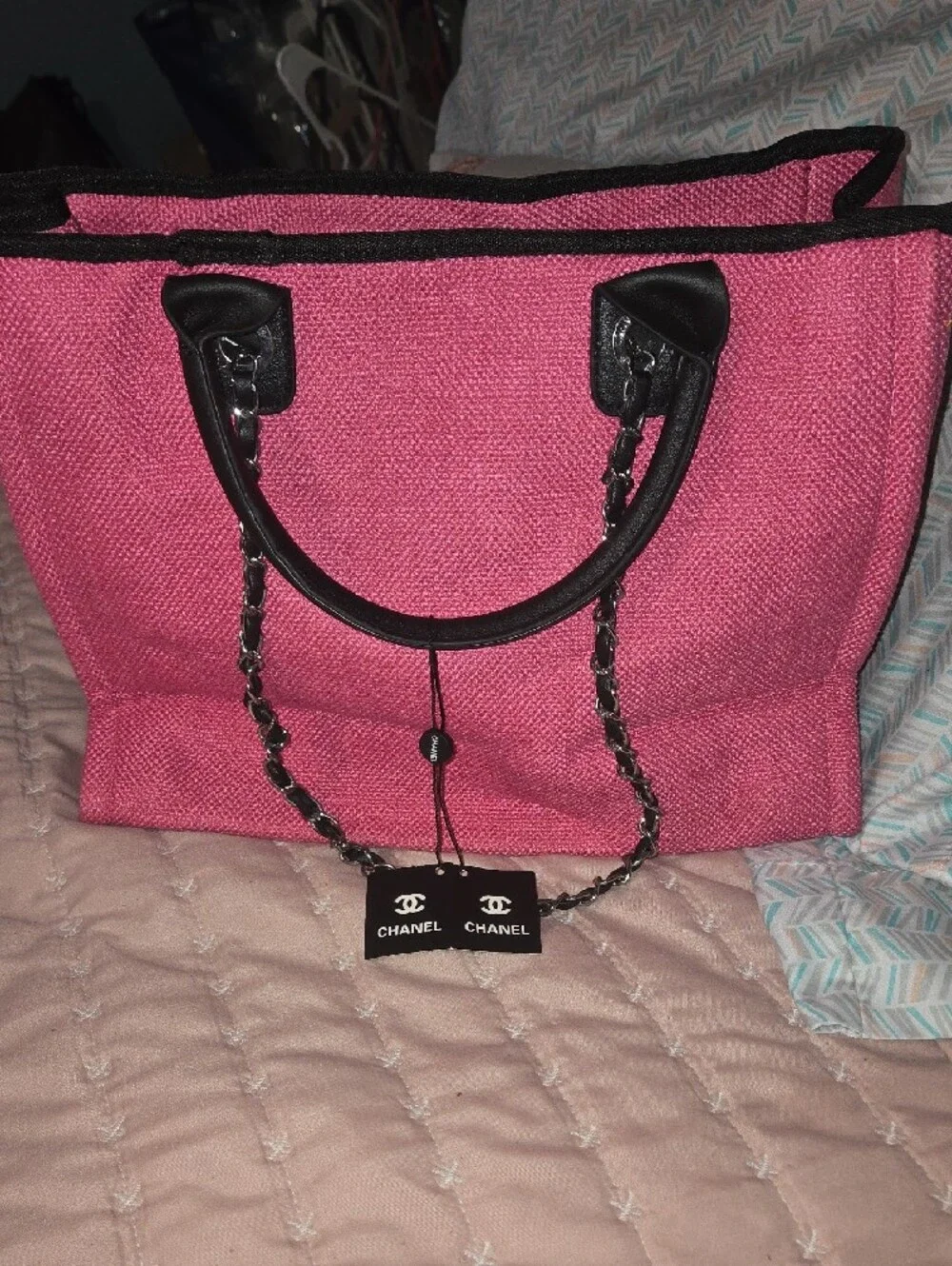 CHANEL Pink Canvas Tote with Black Logo and Trim